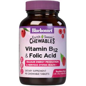 Bluebonnet Nutrition Earth Sweet Vitamin B12 1000 mcg & Folic Acid 400mcg Brain Health & Energy* Vitamins for Women & Men - Vegan, Gluten-Free Raspberry B 12 Vitamin - 180 Chewable Tablets