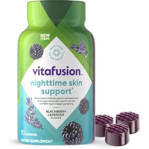 Vitafusion Nighttime Skin Support (1), Beauty Supplement with Retinol (Vitamin A RAE), Collagen & Bedtime Botanicals, BlackBerry Lavender Flavor, 90 Count