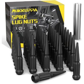 MIKKUPPA M14x1.5 Wheel Spike Black Lug Nuts, 32pcs Black Spike Lug Nuts 14mmx1.5 Solid 4.4" Tall Acorn Lug Nut with 1 Socket Key Replacement for Chevy Silverado 1500 2500 3500, F-150 F-250 F-350