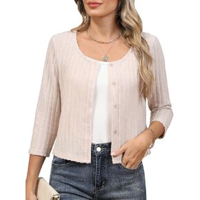 Women's 3/4 Sleeve Crew Neck Bolero Shrug Cropped Cardigans Sweaters Button Down Open Front for Dresses