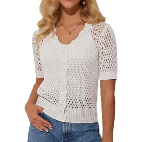 GRACE KARIN Womens 2025 Cardigan Sweaters Summer Short Sleeve Crochet Sweater V Neck Hollow Out Button Down Knit Bolero Tops