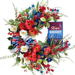 20" Handcrafted Patriotic Wreath for Front Door- Red White Blue 4th of July Wreath with Silk Poppies, Metal Stars & Layered Bow, Memorial Day Independence Day Indoor/Outdoor Decor