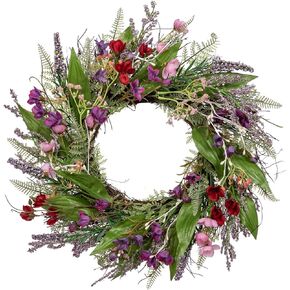 Briful 18’’ Artificial Lavender Wreath Year-Round Faux Wildflowers Green Floral Wreaths for Farmhouse Front Door Mantle Bedroom Kitchen Decor