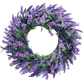 22" Lavender Wreath Spring Wreaths for Front Door Purple Flower Wreath with Green Leaves Farmhouse Wreath for Home Wall Window Porch Summer Garden Decor