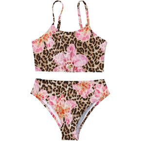 Girl's 2 Piece Floral Leopard Swimsuit Wireless Spaghetti Strap Cute Bikini Bathing Suit Beachwear