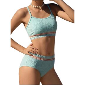OYOANGLE Girl's 2 Piece Bikini Sets Textured Spaghetti Strap Wireless Swimsuits High Waist Bathing Suits