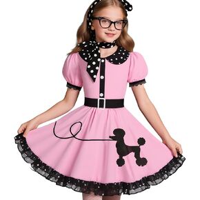 الخمسينيات من القرن الماضي أزياء الفتيات 50S Poodle Dress مع وشاح Polka-Dot المطبوع للأطفال هالوين زي