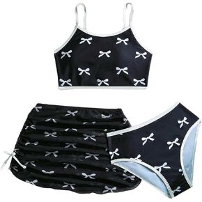 SHENHE Girl's 3 Piece Swimsuit Bow Print Crop Top Bathing Suit with Mesh Cover Up Skirt