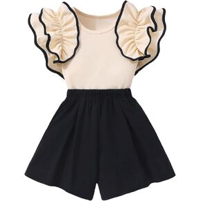 Floerns Girl's 2 Piece Outfit Ruffle Trim Sleeve Tee Shirts with Shorts Set
