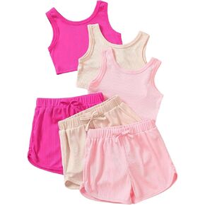 GORGLITTER Girl's 6 Pieces Outfits Ribbed Knit Crop Cami Tank Top and Dolphin Shorts Clothing Sets