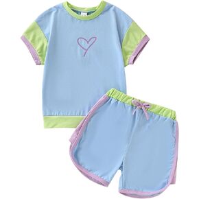 Girls Clothes 4-8T Summer Toddler Girls Color Block Short Sleeve T-Shirt & Pants Sweatsuit Outfit Set