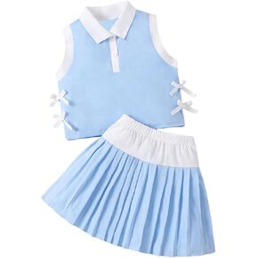 Verdusa Girl's 2 Piece Summer Outfits Bowknot Collared Tank Top with Pleated Skirt Sets