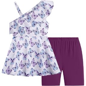 Arshiner Girls Clothes Summer 2 Piece Outfits Adjustable One Shoulder Ruffle Trim Top and Biker Short Sets 6-14 Years