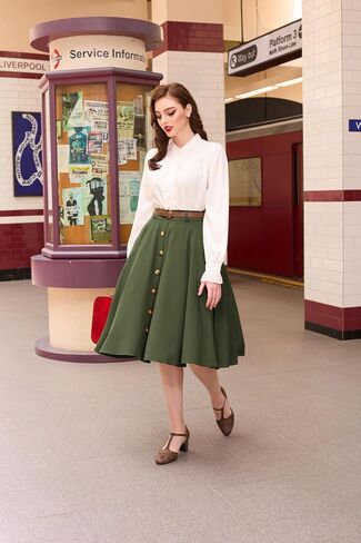 Belle Poque Women's Vintage Skirt High Waisted A Line Flared Midi Skirt with Belts in Saudi Arabia