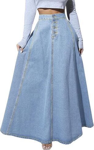 ebossy Women's Retro High Waisted Button Fly Flared Long Jean Skirts Pleated Flowy Swing A-line Denim Maxi Skirts in Saudi Arabia