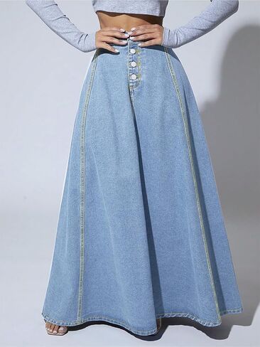ebossy Women's Retro High Waisted Button Fly Flared Long Jean Skirts Pleated Flowy Swing A-line Denim Maxi Skirts in Saudi Arabia