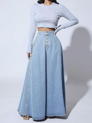 ebossy Women's Retro High Waisted Button Fly Flared Long Jean Skirts Pleated Flowy Swing A-line Denim Maxi Skirts in Saudi Arabia
