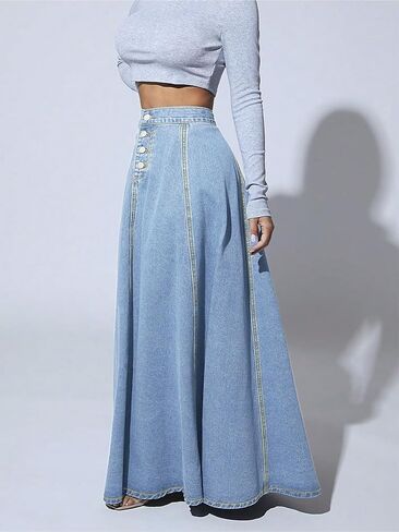 ebossy Women's Retro High Waisted Button Fly Flared Long Jean Skirts Pleated Flowy Swing A-line Denim Maxi Skirts in Saudi Arabia