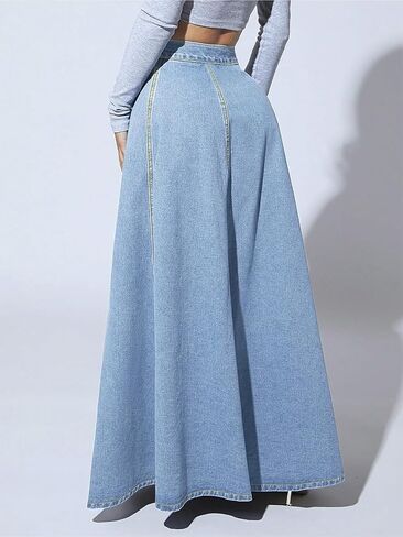 ebossy Women's Retro High Waisted Button Fly Flared Long Jean Skirts Pleated Flowy Swing A-line Denim Maxi Skirts in Saudi Arabia
