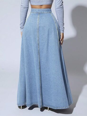 ebossy Women's Retro High Waisted Button Fly Flared Long Jean Skirts Pleated Flowy Swing A-line Denim Maxi Skirts in Saudi Arabia
