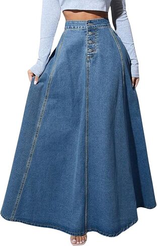 ebossy Women's Retro High Waisted Button Fly Flared Long Jean Skirts Pleated Flowy Swing A-line Denim Maxi Skirts in Kuwait
