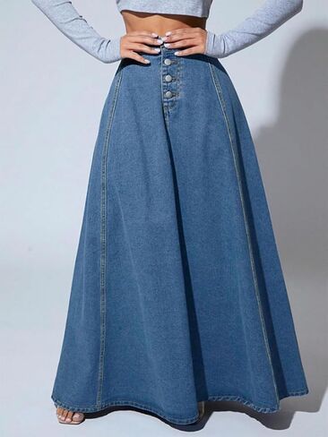 ebossy Women's Retro High Waisted Button Fly Flared Long Jean Skirts Pleated Flowy Swing A-line Denim Maxi Skirts in Kuwait