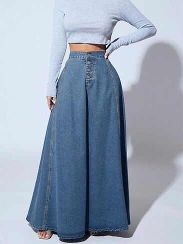 ebossy Women's Retro High Waisted Button Fly Flared Long Jean Skirts Pleated Flowy Swing A-line Denim Maxi Skirts in Kuwait