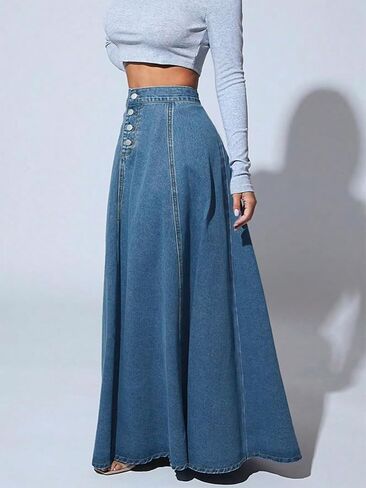 ebossy Women's Retro High Waisted Button Fly Flared Long Jean Skirts Pleated Flowy Swing A-line Denim Maxi Skirts in Kuwait