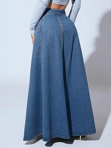 ebossy Women's Retro High Waisted Button Fly Flared Long Jean Skirts Pleated Flowy Swing A-line Denim Maxi Skirts in Kuwait