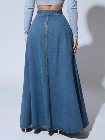 ebossy Women's Retro High Waisted Button Fly Flared Long Jean Skirts Pleated Flowy Swing A-line Denim Maxi Skirts in Kuwait