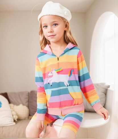RETSUGO Girls Zip Up Hoodie Jacket Toddler Unicorn Rainbow Sweatshirt Kids Hooded Coat Casual Outerwear Size 2-7 Years in Kuwait