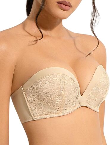 Push Up Strapless Bra with Clear Straps Covertible Plunge Lace Padded Add 2 Cups Low Cut Underwire Bras for Women in Kuwait