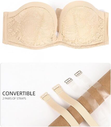 Push Up Strapless Bra with Clear Straps Covertible Plunge Lace Padded Add 2 Cups Low Cut Underwire Bras for Women in Kuwait