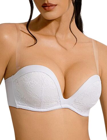 Push Up Strapless Bra with Clear Straps Covertible Plunge Lace Padded Add 2 Cups Low Cut Underwire Bras for Women in Kuwait