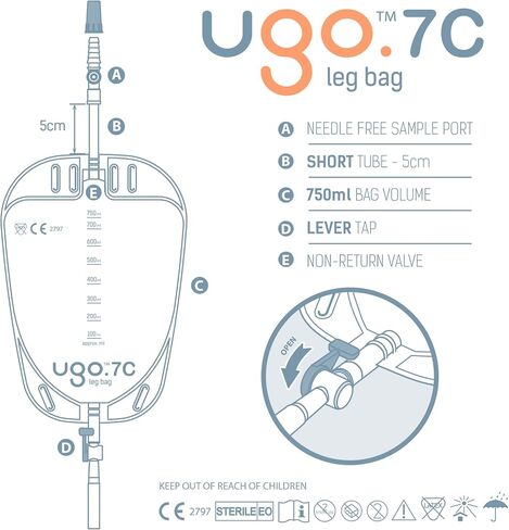 أكياس UGO LEG (X10) - أكياس تصريف البول/أكياس ساق القسطرة ، T TAP أو AVER TAP مع دعم النسيج الناعم وتصميم الشكل الطبيعي على شكل الساق (حزمة 10) (UGO 7C - 750 مل ، أنبوب قصير ، رافعة الصنبور) in Kuwait