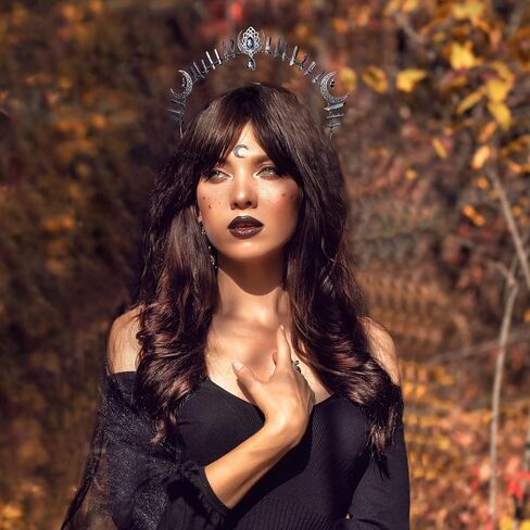 Goth Goddess Halo Crown - Black Moon Star Beadband Beaddshic Wethic Wedding Quartz Crystal Headpiece for Carnival Cosplay Party Festival Photoshoot Halloween Haddress in Kuwait