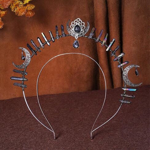 Goth Goddess Halo Crown - Black Moon Star Beadband Beaddshic Wethic Wedding Quartz Crystal Headpiece for Carnival Cosplay Party Festival Photoshoot Halloween Haddress in Kuwait