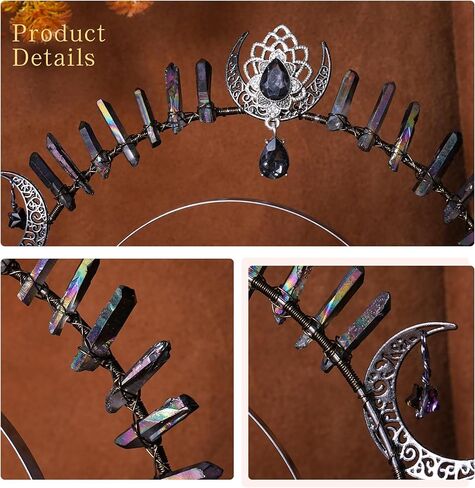 Goth Goddess Halo Crown - Black Moon Star Beadband Beaddshic Wethic Wedding Quartz Crystal Headpiece for Carnival Cosplay Party Festival Photoshoot Halloween Haddress in Kuwait