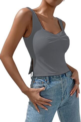 قمم دبابات مضلعة للنساء بلوزة Racerback Camisole بلا أكمام ، قمم الصيف الفضفاضة غير الرسمية in Kuwait