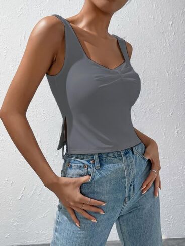 قمم دبابات مضلعة للنساء بلوزة Racerback Camisole بلا أكمام ، قمم الصيف الفضفاضة غير الرسمية in Kuwait