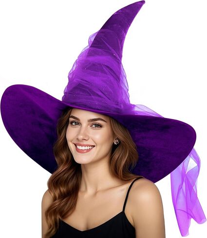 Women's Masquerade Ruched Witch Hat Oversized Witches Velvet Hats Wide Brim Party Halloween Accessory in Saudi Arabia