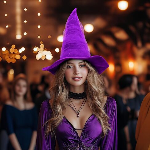 Women's Masquerade Ruched Witch Hat Oversized Witches Velvet Hats Wide Brim Party Halloween Accessory in Saudi Arabia