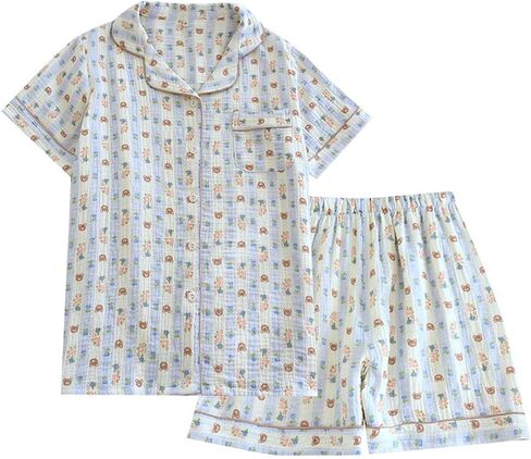 المرأة اللطيفة Pajama تعيين زر قصير الأكمام لأعلى قميص وسروال شورت 2 قطعة القطن PJ in Kuwait