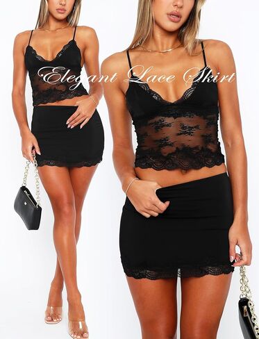 Lace Trim Bodycon Mini Skirts for Women High Waisted Y2k Cute Short Skirt Wrap Pencil Skirt Mini Skort Black in Saudi Arabia