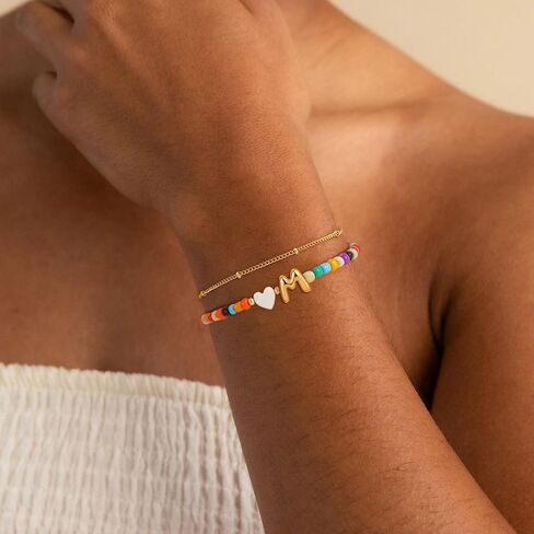 Colorful Initial Bracelets for Women Girls - 14K Gold Plated Heart Initial Letter Daint A-Z Charm Bracelet Summer Jewelry Teen Girl Gifts for Teen Kids in Saudi Arabia