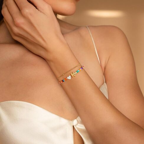 Colorful Initial Bracelets for Women Girls - 14K Gold Plated Heart Initial Letter Daint A-Z Charm Bracelet Summer Jewelry Teen Girl Gifts for Teen Kids in Saudi Arabia