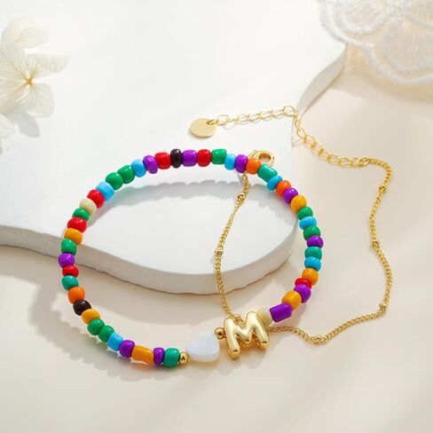 Colorful Initial Bracelets for Women Girls - 14K Gold Plated Heart Initial Letter Daint A-Z Charm Bracelet Summer Jewelry Teen Girl Gifts for Teen Kids in Saudi Arabia