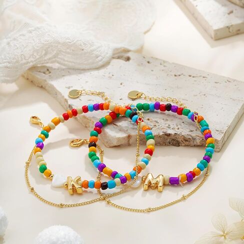 Colorful Initial Bracelets for Women Girls - 14K Gold Plated Heart Initial Letter Daint A-Z Charm Bracelet Summer Jewelry Teen Girl Gifts for Teen Kids in Saudi Arabia