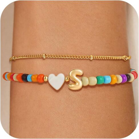 Colorful Initial Bracelets for Women Girls - 14K Gold Plated Heart Initial Letter Daint A-Z Charm Bracelet Summer Jewelry Teen Girl Gifts for Teen Kids in Saudi Arabia