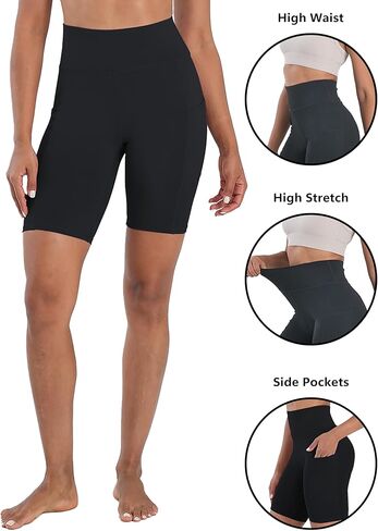 High Waisted Biker Shorts for Women with Pockets Tummy Control Yoga Workout 8" Spandex Bike Shorts for Gym Running in Kuwait